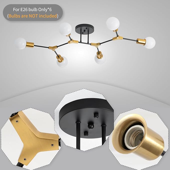 Modern Mid Centur 6 Light Semi Flush Mount Ceiling Lighting Fixture for Living Room Bedroom Dining Room Hallway Kitchen Office,Minimalist Gold and Black Sputnik Chandelier