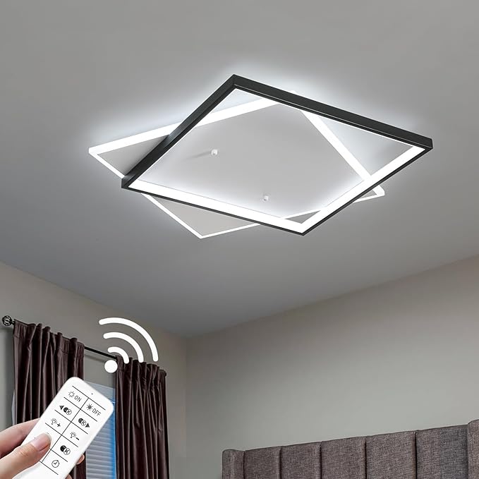 Black Modern LED Bedroom Ceiling Light Dimmable Flush Mount Ceiling Light Fixture 22" Square Ceiling Lamp with Remote Control Kitchen Lighting Fixture Ceiling,Suitable for Bedroom,Hallways