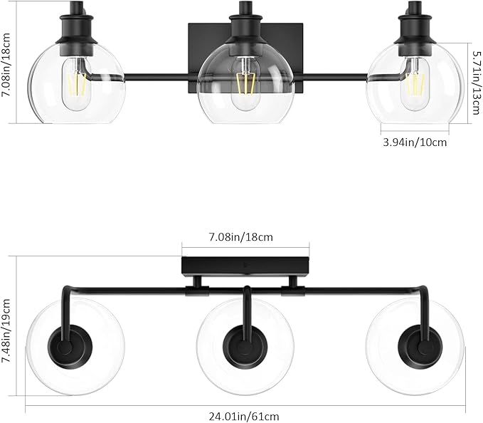 Tipace Black Vintage Bathroom Vanity Light Fixtures Over Mirror Glass Globe 3 Lights Industrial Vanity Lights Farmhouse Bath Lighting(Exclude Bulb)