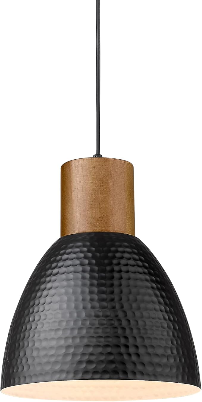 ELYONA Industrial Hammered Pendant Light 7” Small Solid Wood Hanging Lamp with Hammered Metal Shade, Farmhouse Pendant Light Fixtures for Kitchen Island, Dining Room, Bedroom, Office, Modern Black