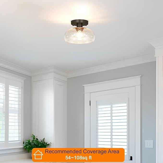Classic Black Hallway Light Fixture - 8 Inch Round Semi Flush Mount Ceiling Light with Seeded Glass Shade, Mid-Century Style Close to Ceiling Design for Entryways & Corridors