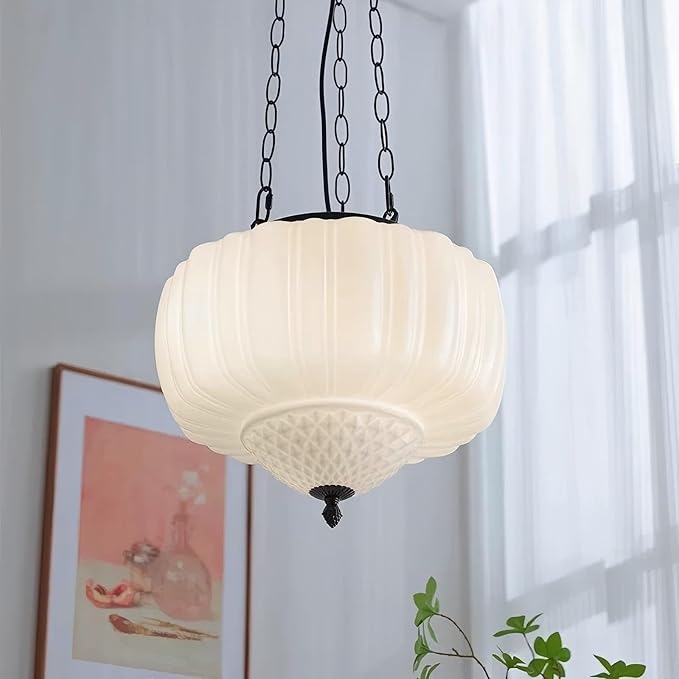 LIGHTLAND Milk Glass Pendant Light, 13 Inch Mid Century Semi Flush Mount Ceiling Light Fixture with 39.4 Inch Adjustable Chain, Vintage Chandelier for Bedroom, Living Room, Dining Room, Hallway