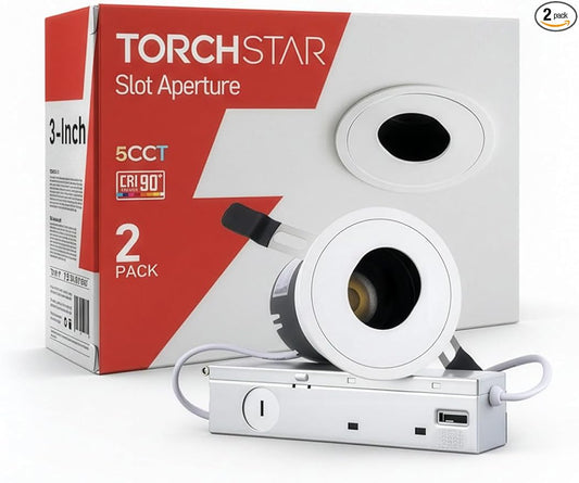 TORCHSTAR 3 Inch 5CCT LED Slot Aperture Recessed Lights with J-Box, 35° Ultra-Narrow Trim Recessed Ceiling Spotlight, IC Rated, Dimmable, Anti-Glare, CRI 90, 2700-5000K, ETL FCC, Pack of 2