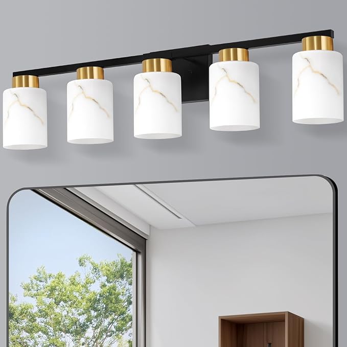 5-Light Bathroom Light Fixtures, Modern Vanity Lights, Black and Gold Metal Wall Lamp with White Marble Glass for Bathroom, Mirror, Living Room, Bedroom, Cabinet, Porch, Hallway, E26 Base