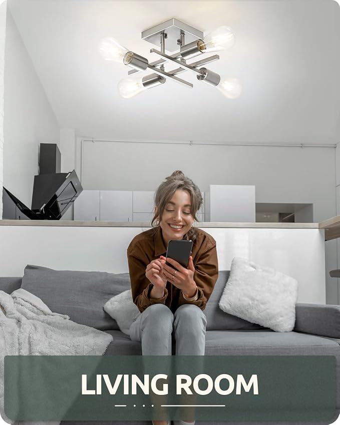 Industrial 4-Light Semi Flush Mount Ceiling Light Fixture, Modern Brushed Nickel Chandelier Lighting, Farmhouse E26 Base Sputnik Ceiling Lamp, 3 Pack