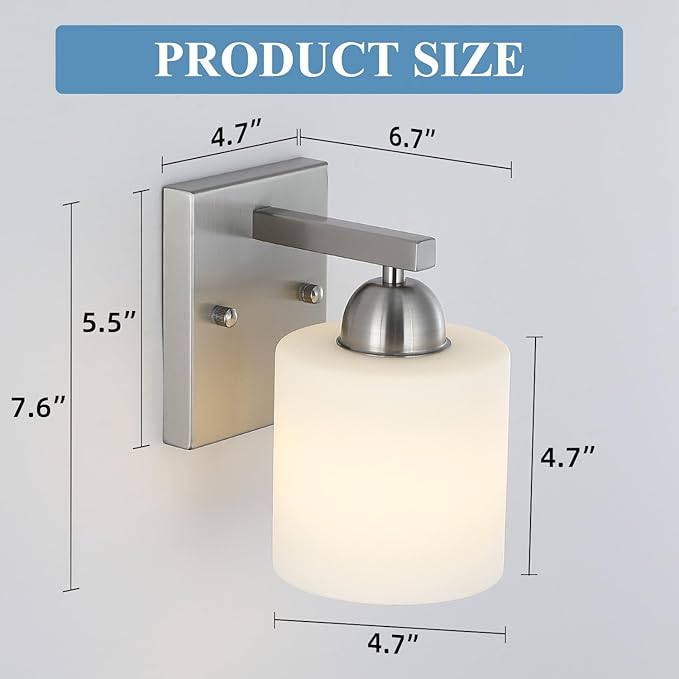 Mecgirn Brushed Nickel Milk Glass Wall Sconces, 1 Pack Hardwired Indoor Wall Light Fixtures for Living Room, Hallway, Bedroom, Ceramic E26 Sockets (Bulbs Not Included)