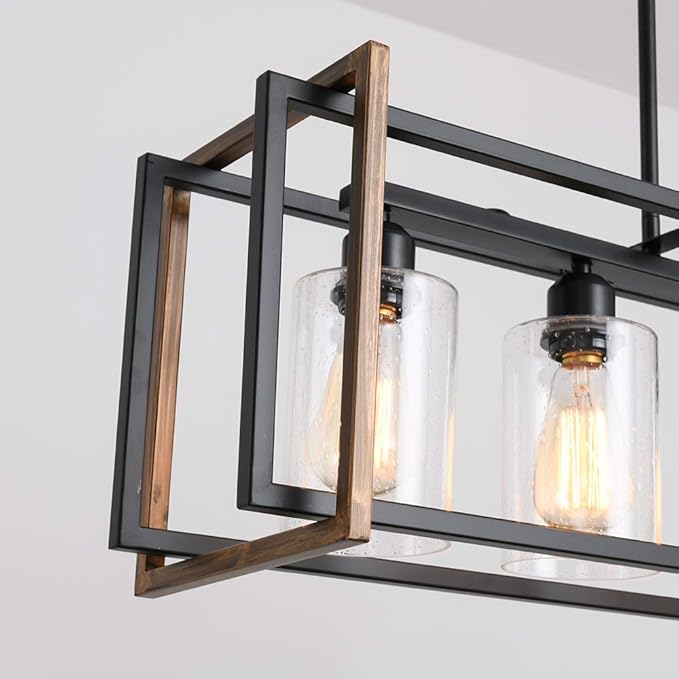 5-Light Black and Bronze Kitchen Island Lighting, Farmhouse Dining Room Light Fixtures Over Table, Linear Chandelier for Dining Room, Pool Table Pendant Light with Seeded Glass Shade