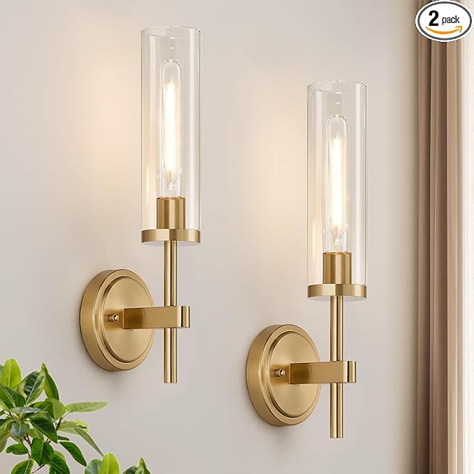 MOKATNG Wall Sconces Set of Two, Brushed Gold Bathroom Sconces with Clear Glass, Hardwired Sconces Wall Decor Set of 2, Modern Wall Light Fixtures for Bathroom Mirror Living Room Bedroom Hallway