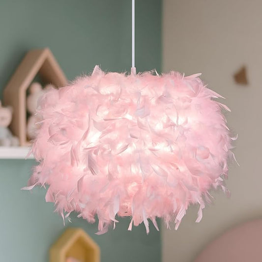 NZV 15.8in Pink Pendant Light Fixture Pink Feather Chandelier for Bedroom Feathers Lights Fixture Girls Room Romantic Hanging Ceiling Lighting for Kitchen Island Dining Room Foyer Hallway