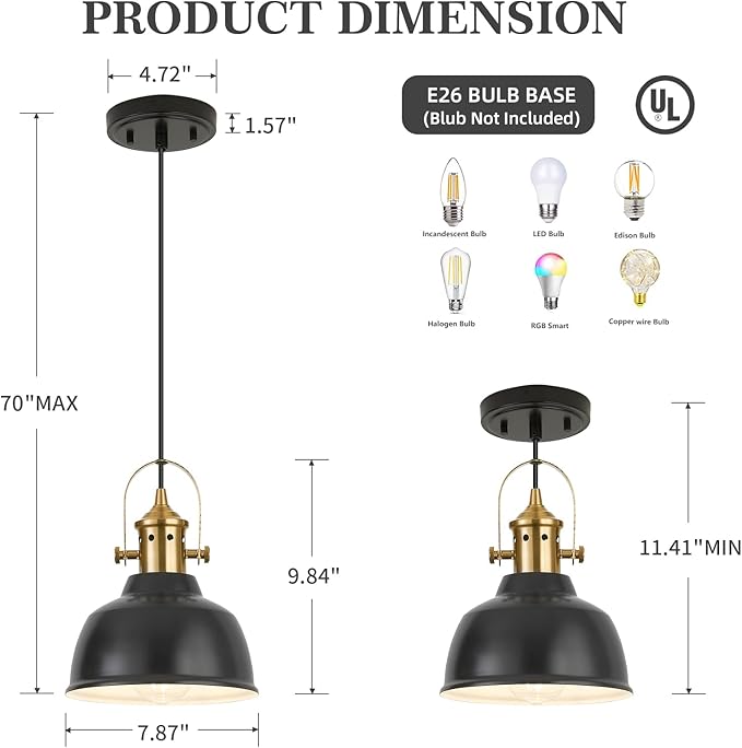 Farmhouse Small Pendant Lights, Black Pendant Lighting for Kitchen Island, lndustrial Adjustable Height Hanging Light for Barn, Dining Room, 1 Pack