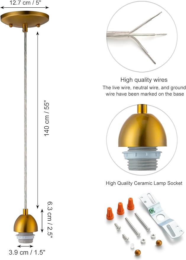 Small Pendant Light Kit - Gold, Single Island Lights for Kitchen, DIY Make Modern & Farmhouse Pendant Lights, Hanging Light Fixtures Ceiling Mount, Adjustable Height （Shade and Bulb Not Included）