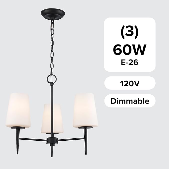 Montgomery 3-Light Chandelier | Black Finish with White Frosted Glass Shade | Adjustable Hanging Height to 82.75" | Uses E26 Medium Base Bulb