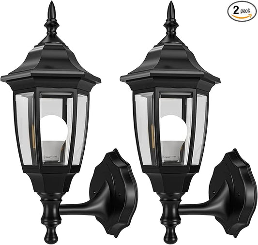 EMART Plastic Outdoor Wall Light Fixtures with Bulbs, Waterproof and Anti-Corrosion Porch Sconces, Exterior Lanterns Wall Mount Lamp for Outside, Garage, Front Door, House, Patio, 2 Pack, Black