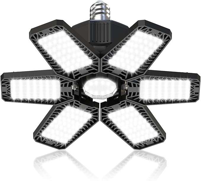 LED Garage Light 1 Pack - 180W 18000LM Garage Lights Ceiling Led with 6 Adjustable Panels, 6500K Daylight Deformable Lighting Screw In E26 E27 Bulb Socket, for Shop Workshop Barn Basement Attic