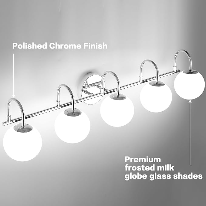 Chrome Mid Century Modern Bathroom Vanity Lights - 5-Light Wall Sconces with Frosted Milk Glass Globes