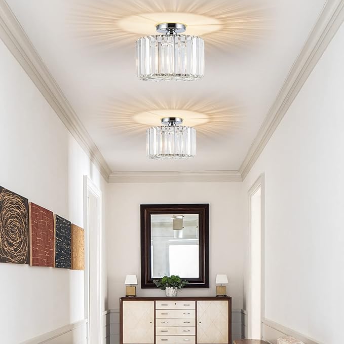 HOPGGIE 10.6" Semi Flush Mount Ceiling Light Mini Small Crystal Chandeliers Modern Hallway Light Fixtures Ceiling Flush Mount Ceiling Light Fixture for Entryway Bedroom Bathroom Living Room