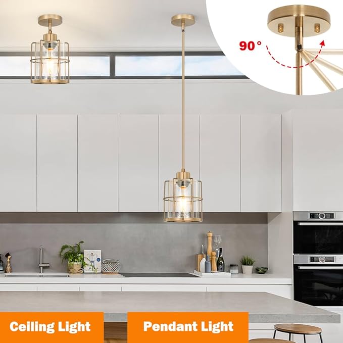 Modern Brass Pendant Light Kitchen Island Set of 2, Farmhouse Gold Pendant Light with Clear Cylinder Glass, Adjustable Rod Bathroom Pandand Light over Sink, Small Hanging Lighting for Home Decor, E26