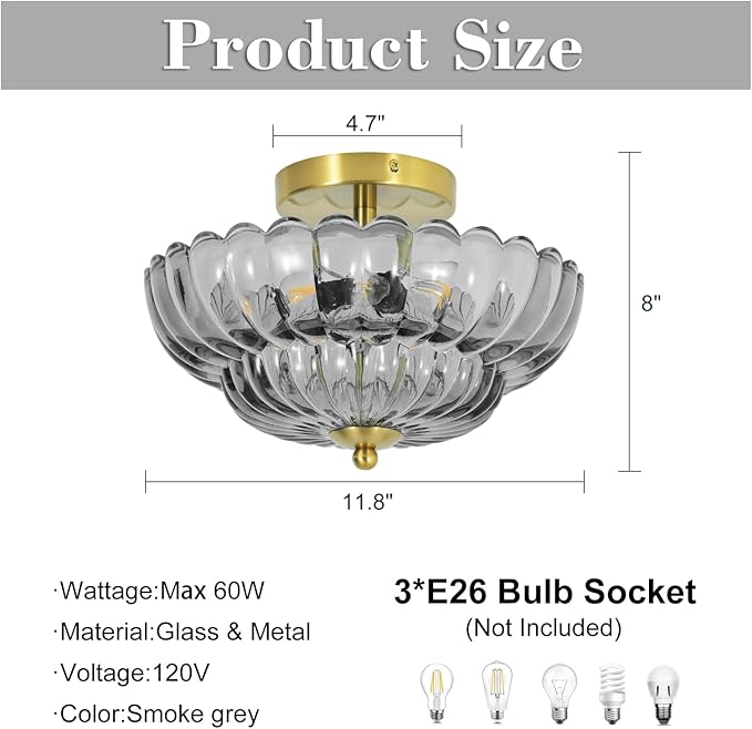 11.8 inch Kitchen Ceiling Light, 3-Light Semi Flush Mount Ceiling Lamp with Flower Glass, Modern Close to Ceiling Light Fixtures for Bathroom Bedroom Hallway Entryway, Smoky Grey