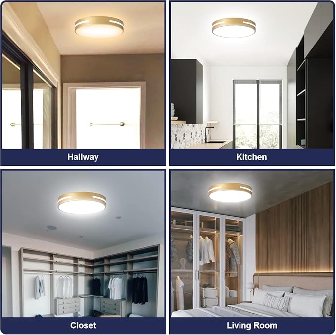 Gold Flush Mount Ceiling Light Fixture LED,24W Kitchen Light Fixture Ceiling Mount Dimmable 2 Pack,12 inch Close to Ceiling Light Fixture 5CCT for Bedroom, Bathroom, Living Room
