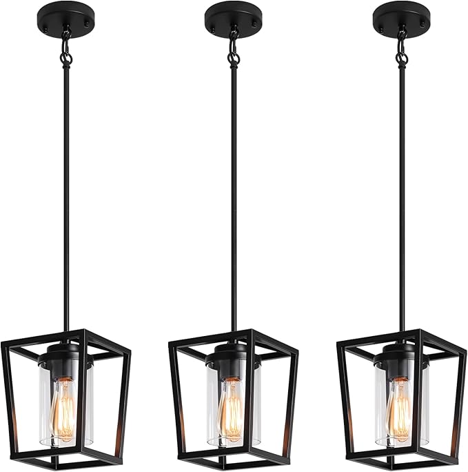 Pendant Lights Kitchen Island 3 Pack, Farmhouse Pendant Lighting for Island, Hallway Hanging Lights Modern Kitchen Light Fixtures Ceiling, Black Chandelier for Dining Room