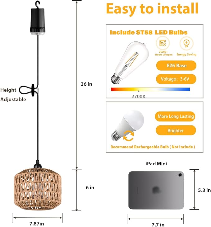 Battery Operated Outdoor Chandelier, Battery Power Hanging Pendant Lights, Woven Rattan Gazebo Light Outdoor Waterproof, for Gazebo, Pergola, Porch, Indoor Outdoor Decor Lighting (7.8")