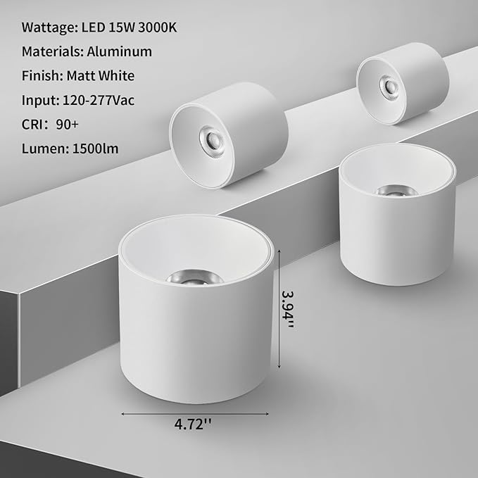 Ceiling Light Fixture LED Dimmable Modern Ceiling Spot Light, Flush Mount Ceiling Light 4.72'' Cylinder Ceiling Lamp for Living Room Hallway Foyer Dining Room 3000K 15W 1500lm CRI 90 (White)