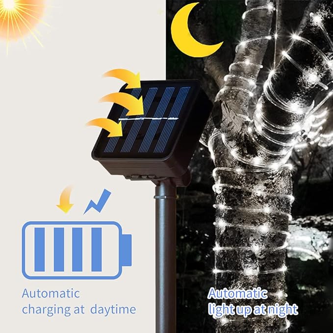 Honche Solar Rope Light 33FT 100LED IP65 Waterproof Outdoor LED Copper Fairy String Tube Lights for Party Gazebo Garden Patio Stair Balcony Fence Tree Daily Christmas Decoration (Solar-Cold White)