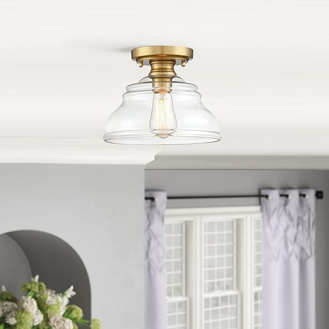 MEXO Industrial Semi Flush Mount Ceiling Light Modern Clear Glass Light Fixture Farmhouse 10" Close to Ceiling Lights in Brushed Gold for Hallway Bedroom, Kitchen Entryway Cafe Bar Porch Dinning Room
