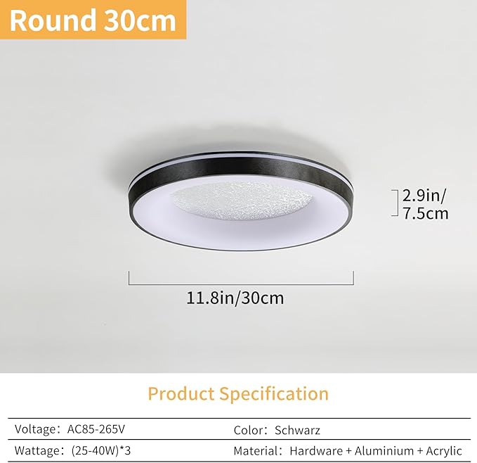 LED Flush Ceiling Light, 11in Black Round Ceiling Light Dimmable 3000K/4500K/6500K Color Recessed Lamp for Living Room, Bedroom, Office,Hallway