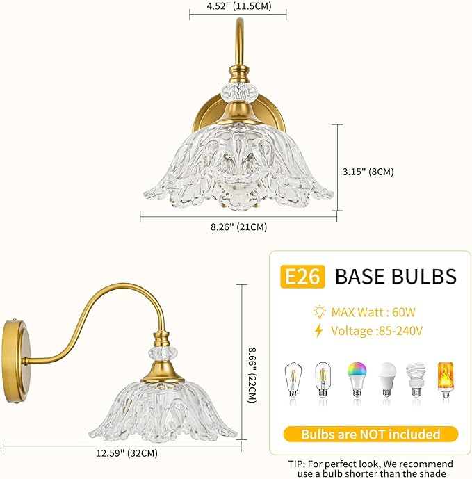 1 Piece Gold Wall Sconce with Floral Clear Glass Shade, Brushed Gold Finish Wall Mount Lighting for Bathroom,Vintage Bathroom Vanity Light Fixtures