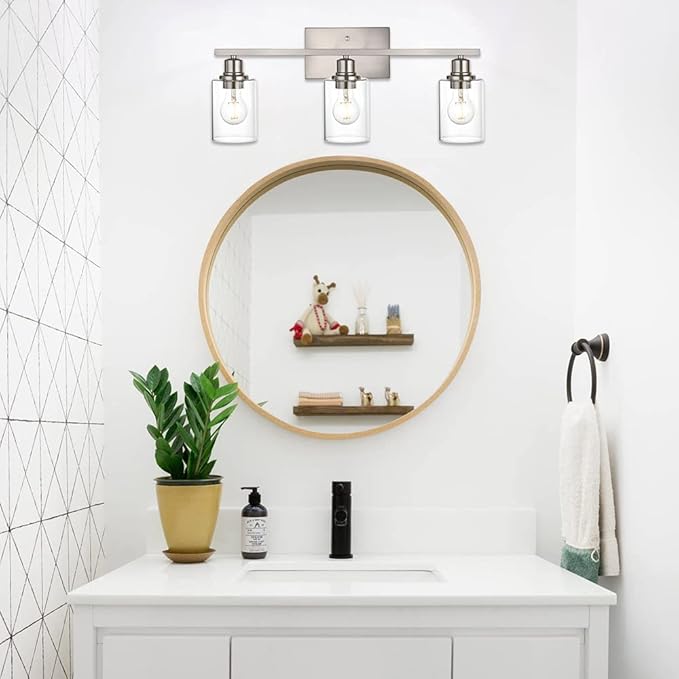 VINLUZ Metal Brushed Nickel 3 Lights Wall Light,Indoor Vanity Light Fixture with Clear Glass Shade Farmhouse Bathroom Lighting Fixtures Over Mirror for Porch Workshop