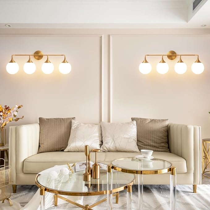 Gold Bathroom Light Fixtures, Modern Vanity Lights Over Mirror, Brushed Brass Wall Sconce Lighting 4-Light with Milky White Glass Ball Shades