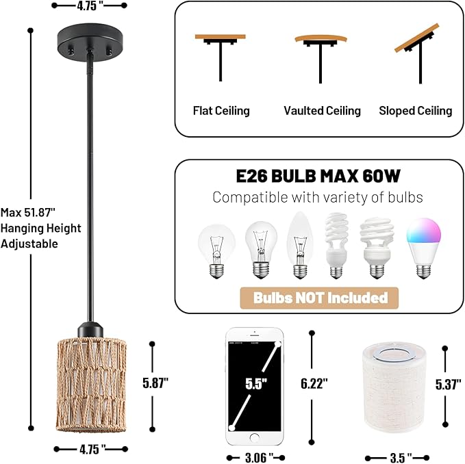 Rattan Pendant Light, 6 Inch 2-in-1 Boho Hanging Fixture with Iron Rods & Linen Shade, Adjustable Height & Sloped Ceiling Compatible for Kitchen Island Dining Room Farmhouse Bedroom, 2 Pack