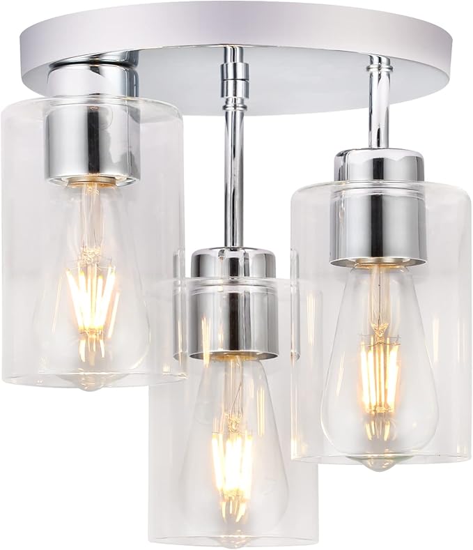Semi Flush Mount Ceiling Light 3-Light Chrome Flush Mount Ceiling Light Fixtures with Clear Glass Shade, Modern Kitchen Ceiling Light for Bedroom Stairs Porch Hallway Entryway, E26 Socket