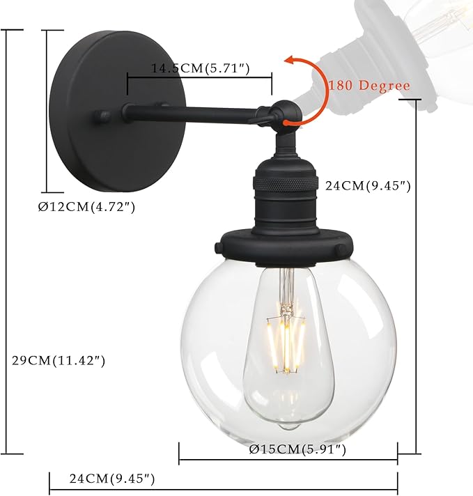 Phansthy 1-Light Wall Sconce, Brass Boho Bathroom Vanity Light, Modern Wall Light with Globe Glass Shade E26 Base, Adjustable Wall Lighting Fixtures for Bedroom, Living Room (Black, Clear Shade)