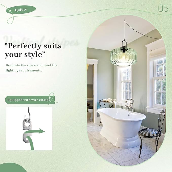 Light Green Hanging Lamp Plug-in Pendant Lights Vintage Pendant Lamps with 14.7 ft Cord Modern Glass Hanging Light Plug in Chandelier Lighting Large Striped Shade Mid Century Swag Lamp