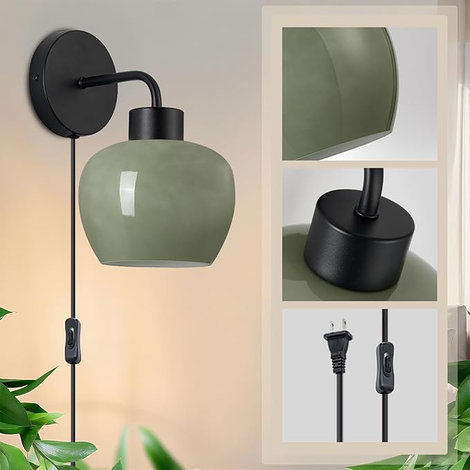 Modern Wall Sconces - Olive Green Milk Glass Plug-in Wall Lamp with Matte Black Finish, Industrial Boho Lighting for Bedroom, Living Room