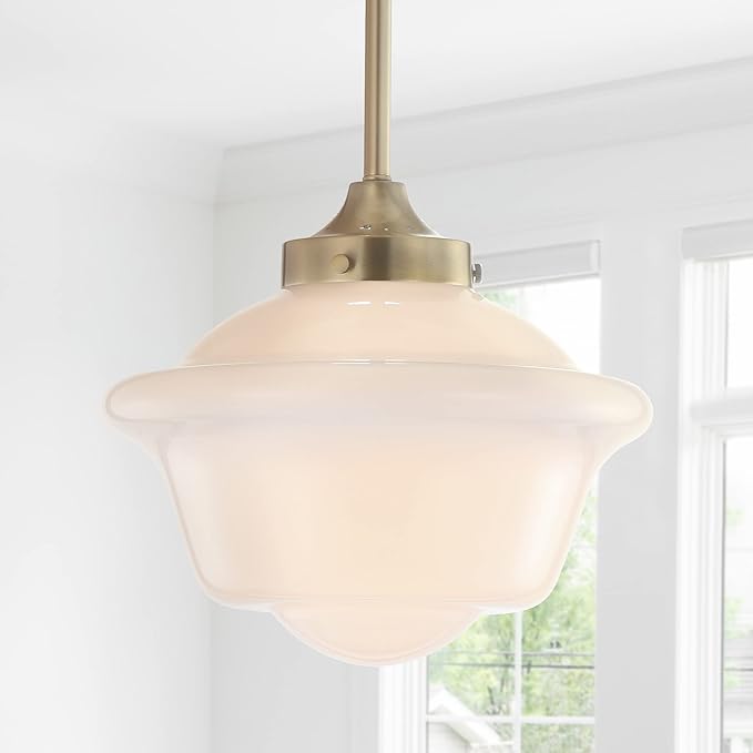 JONATHAN Y 9.5" Brass Gold/White Modern Schoolhouse LED Pendant Light Fixture, Adjustable Drop Metal Hanging Lamp with White Glass Shade for Kitchen Island, Dining Room, Foyer (JYL3517A)