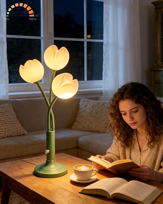 3-Light Tulip Table Lamp with LED Bulbs Included, Dimmable Cute Flower Desk Lamp, Aesthetic Green Floral Nightstand Lamp, Adjustable Gooseneck Bedside Lamp for Bedroom, Living Room, Girls Room Decor