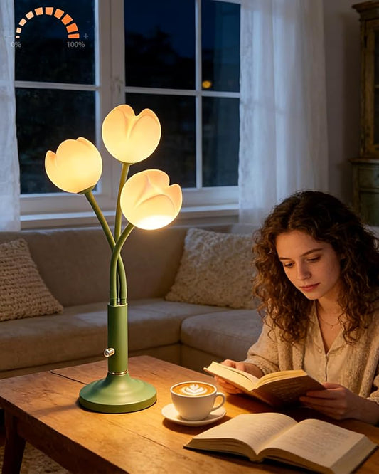 3-Light Tulip Table Lamp with LED Bulbs Included, Dimmable Cute Flower Desk Lamp, Aesthetic Green Floral Nightstand Lamp, Adjustable Gooseneck Bedside Lamp for Bedroom, Living Room, Girls Room Decor