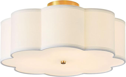 17.7" Semi Flush Mount Ceiling Light Fixture, 3-Light Modern Close to Ceiling Light with Fabric Flower-Shaped Shade, Light Fixtures Ceiling Mount for Bedroom Nursery(Gold)