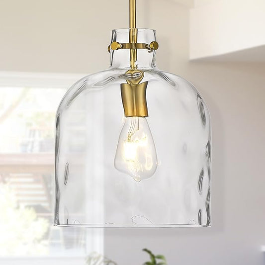 Modern Gold Pendant Light – 10" Dome Glass Hanging Light Fixture, Single E26 Pendant Lighting for Kitchen Island, Dining Room, Bedroom, Hallway, Adjustable Ceiling Lamp