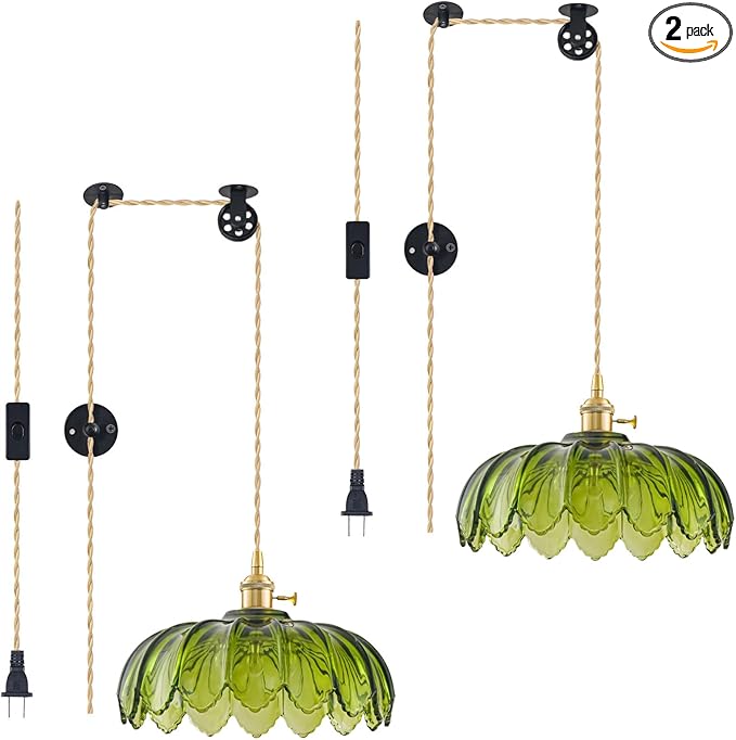 2 Pack Plug in Pendant Light Fixtures, Hanging Light Fixture Glass Pendant Light, Vintage Green Hanging Lamp, Pendant Lighting for Kitchen Island, Bedroom, Dining Room, Living Room