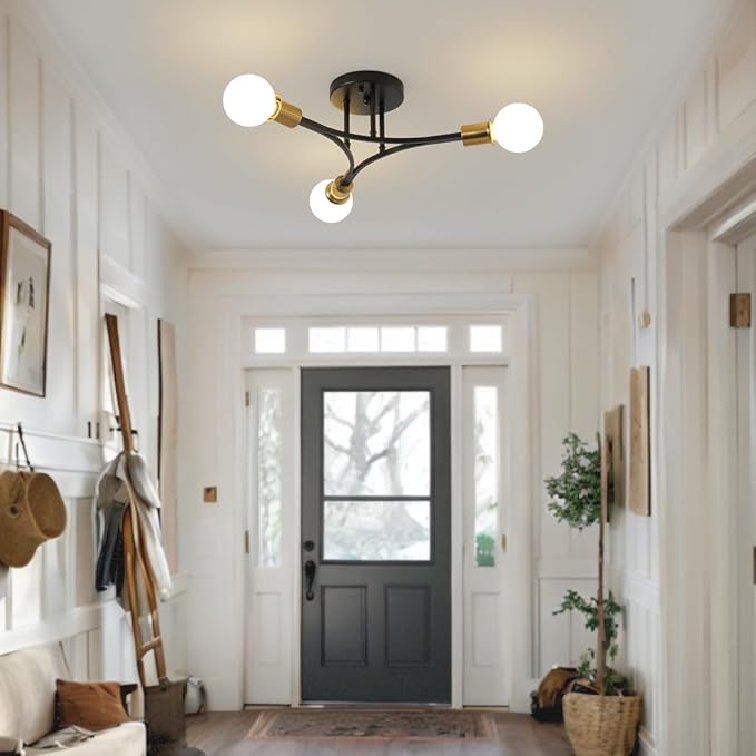 3-Lights Modern Sputnik Semi Flush Mount Ceiling Light Fixture Black and Gold,Mid Centur Sputnik Chandelier for Entryway,Hallway,Bedroom,Kitchen,Dining Room,Living Room(Bulbs Not Included)