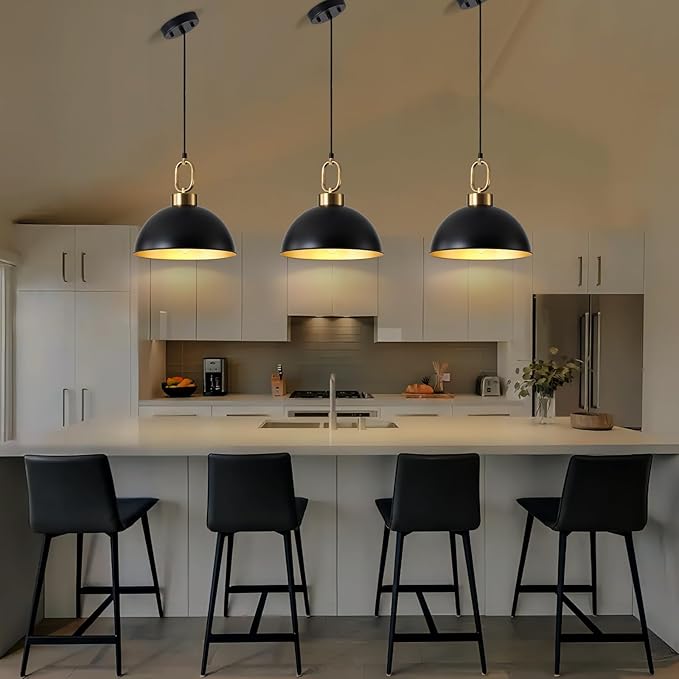 Vintage Pendant Light Fixture, Matte Black Pendant Lights Kitchen Island 12.2In Farmhouse Industrial Adjustable Height Chandeliers for Dining Living Room Hallway 1 Pack