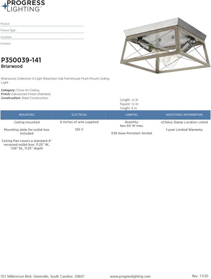 Progress Lighting Briarwood Collection 2-Light Ceiling Light, Flush Mount Ceiling Light Fixture for Interior Kitchen Lights, Hallway, Bedroom, Living Room, 12-Inch by 6-Inch, Galvanized Finish