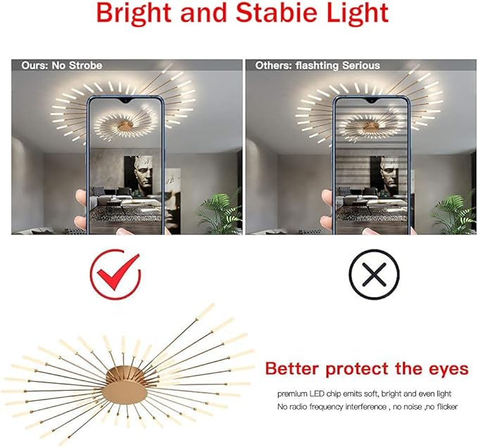 JAYMP 41.3" Ceiling Light Modern Flower Shape Ceiling Lamp for Dining Room Kitchen Hallway Flush Mount Metal Acrylic Sputnik Firework Petal LED Lighting Fixture (Matte Gold, 28 Lights)