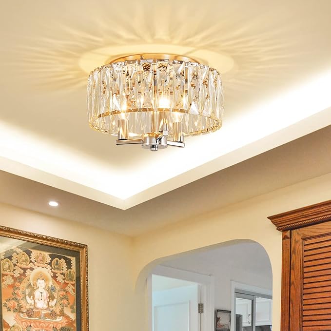 AGV LIGHTING CL002C K9 Crystal Flush Mount Ceiling Light Fixture, Perfect for Living Room, Bedroom, Dining Room, Chrome Finish