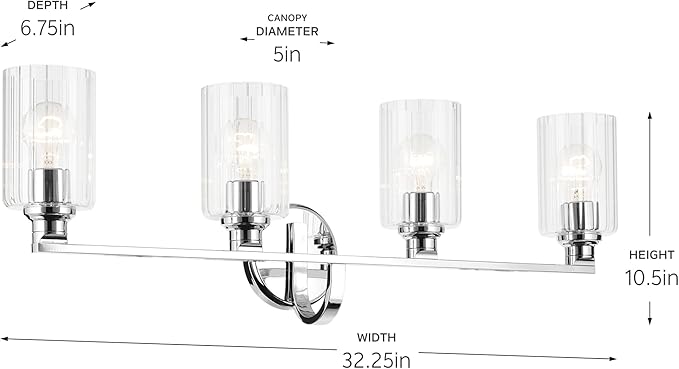 Kichler Gioe 32.25" 4-Light Bathroom Vanity Light Fixture with Clear Fluted Glass in Chrome, Damp Rated for Over Mirror, Powder Room (32.25" W x 10.5" H), 55227CHFLU