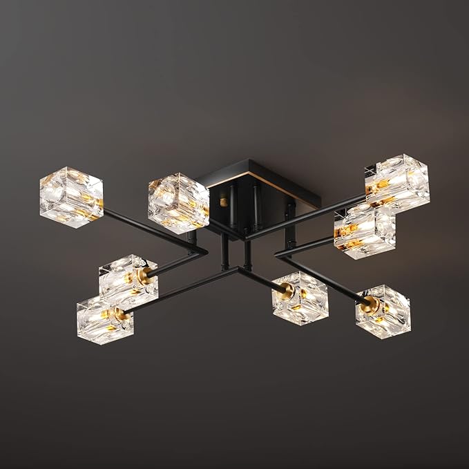 8-Lights Semi Flush Mount Ceiling Light Fixture,Black and Gold Modern Crystal Chandeliers,Farmhouse Lighting Fixtures for Dining Room Living Room Kitchen Bedroom Entryway